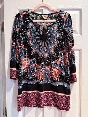 ECI Black Paisley-Print Tunic with Teal and Red Accents